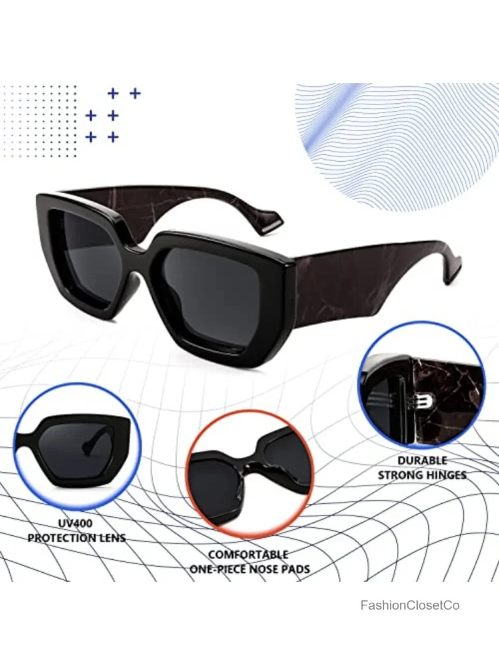 Oversized Square Sunglasses with Thick Plastic Frame UV400 Protection
